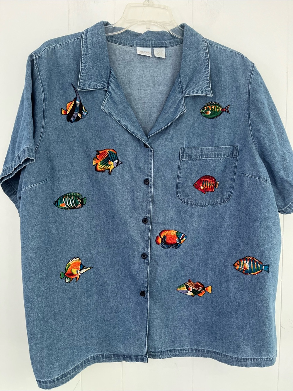 Chambray Blue Denim Short-Sleeve Shirt  Colorful Fish Embroidery Size 26 W